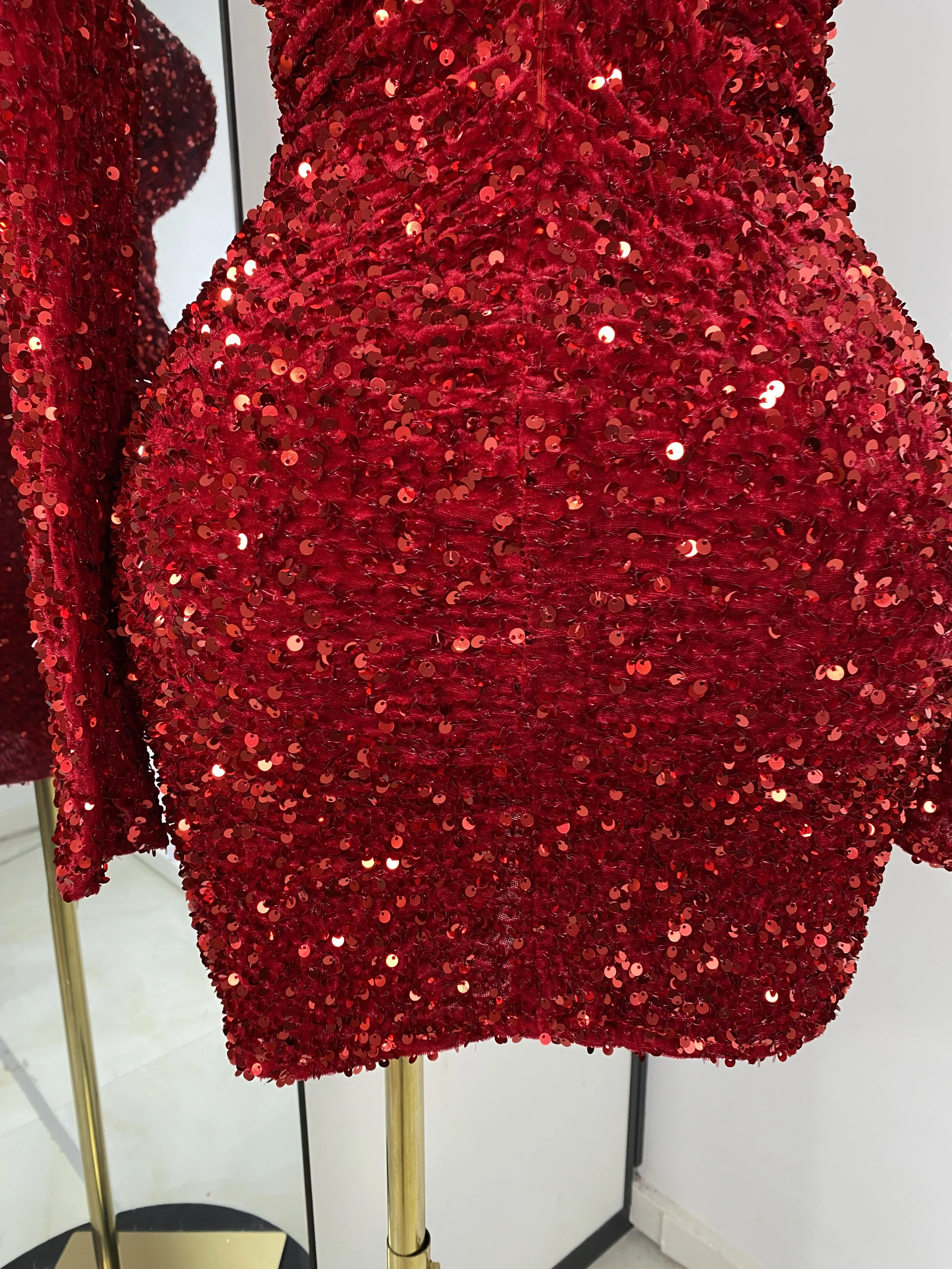 Special Occassion Dress Women Red Sparkly Sequines Long Sleeve Turtleneck Drapped Asymmetric Bodycon Mini Birthday Evening Dress