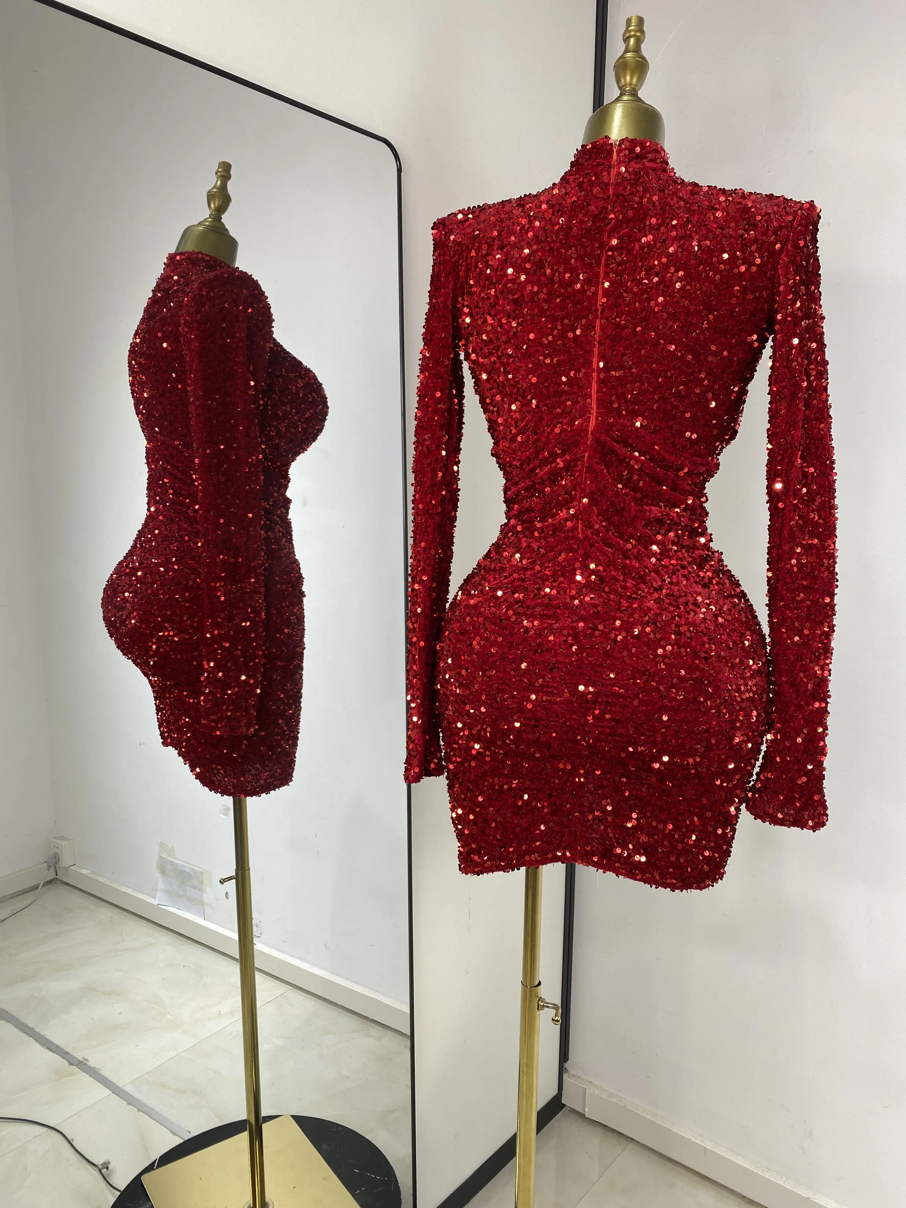 Special Occassion Dress Women Red Sparkly Sequines Long Sleeve Turtleneck Drapped Asymmetric Bodycon Mini Birthday Evening Dress