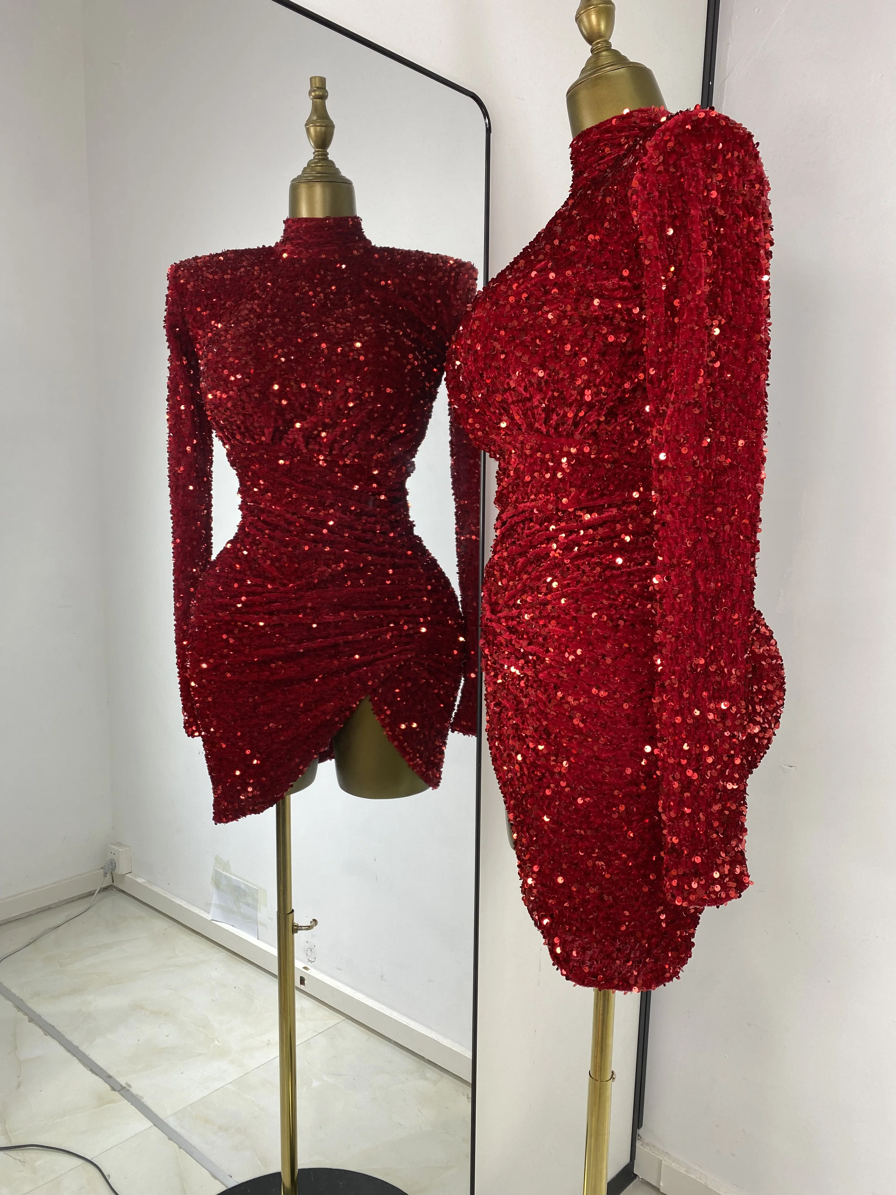 Special Occassion Dress Women Red Sparkly Sequines Long Sleeve Turtleneck Drapped Asymmetric Bodycon Mini Birthday Evening Dress