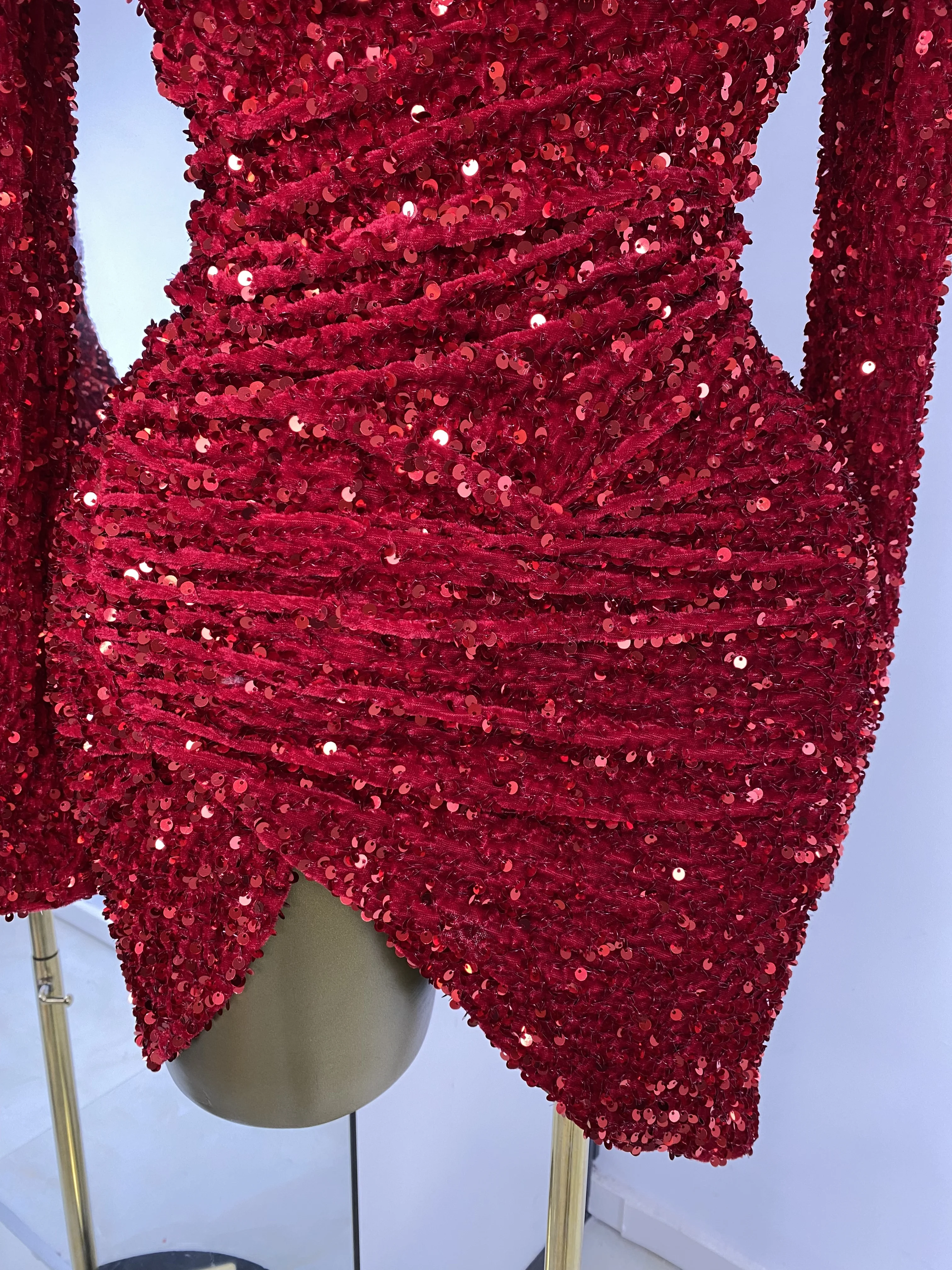 Special Occassion Dress Women Red Sparkly Sequines Long Sleeve Turtleneck Drapped Asymmetric Bodycon Mini Birthday Evening Dress