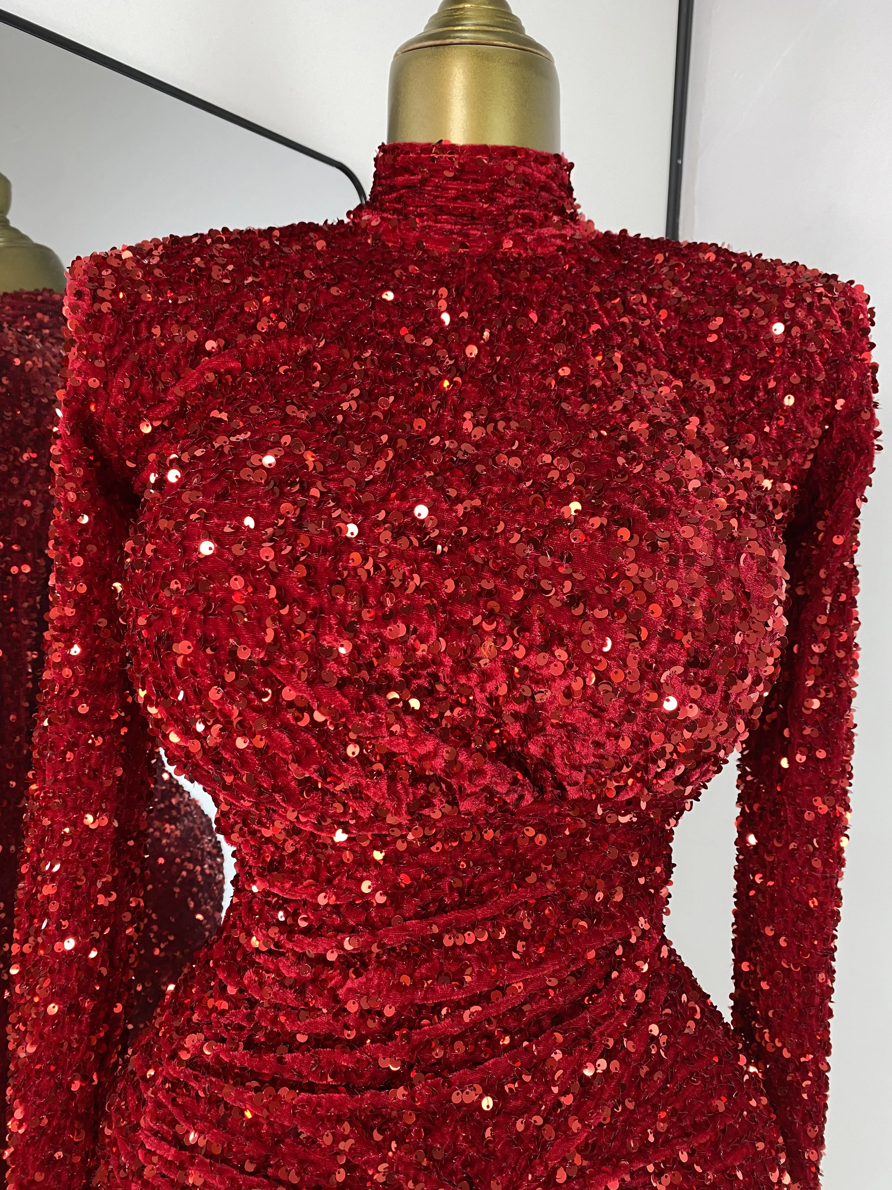 Special Occassion Dress Women Red Sparkly Sequines Long Sleeve Turtleneck Drapped Asymmetric Bodycon Mini Birthday Evening Dress