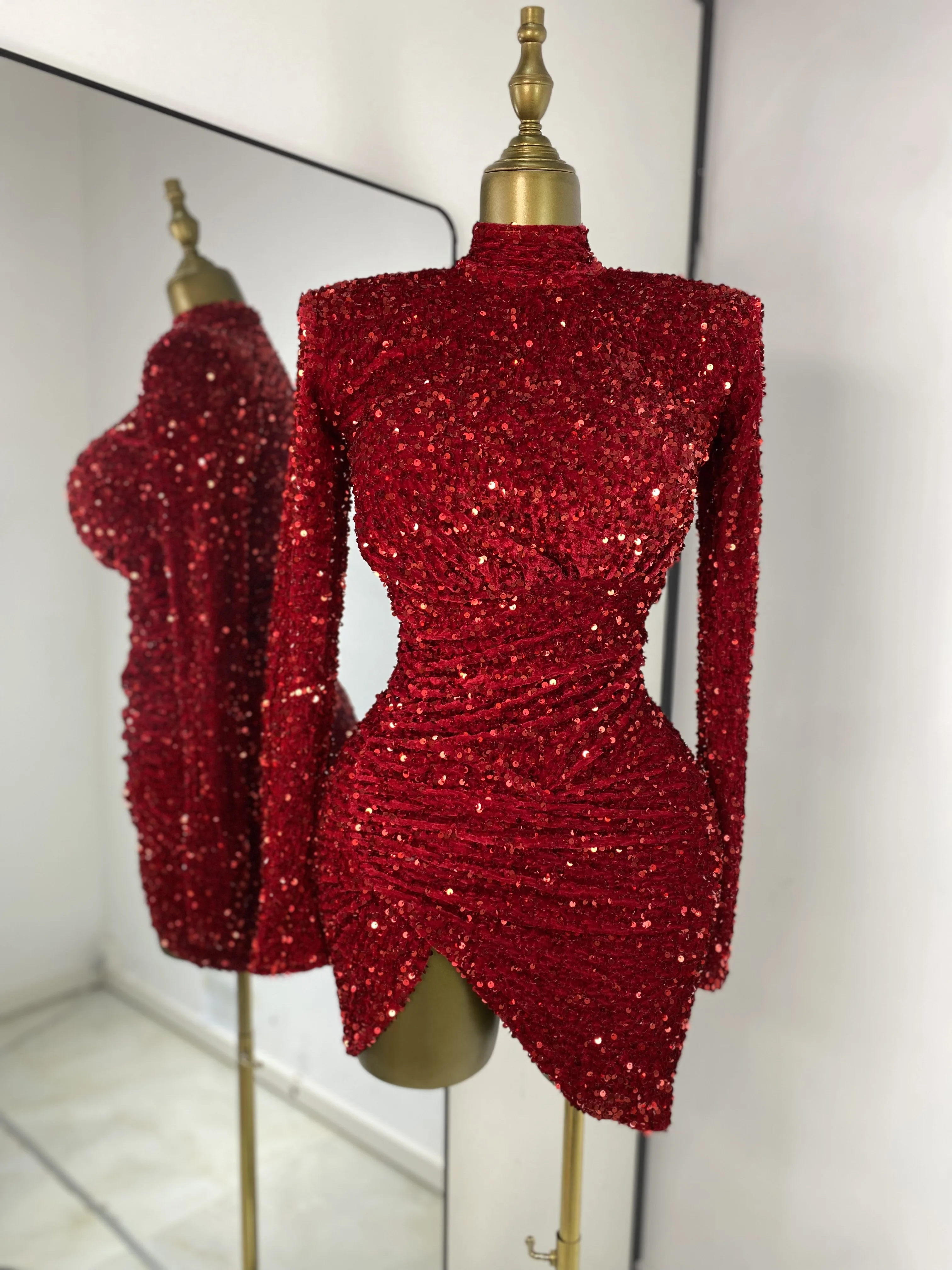 Special Occassion Dress Women Red Sparkly Sequines Long Sleeve Turtleneck Drapped Asymmetric Bodycon Mini Birthday Evening Dress