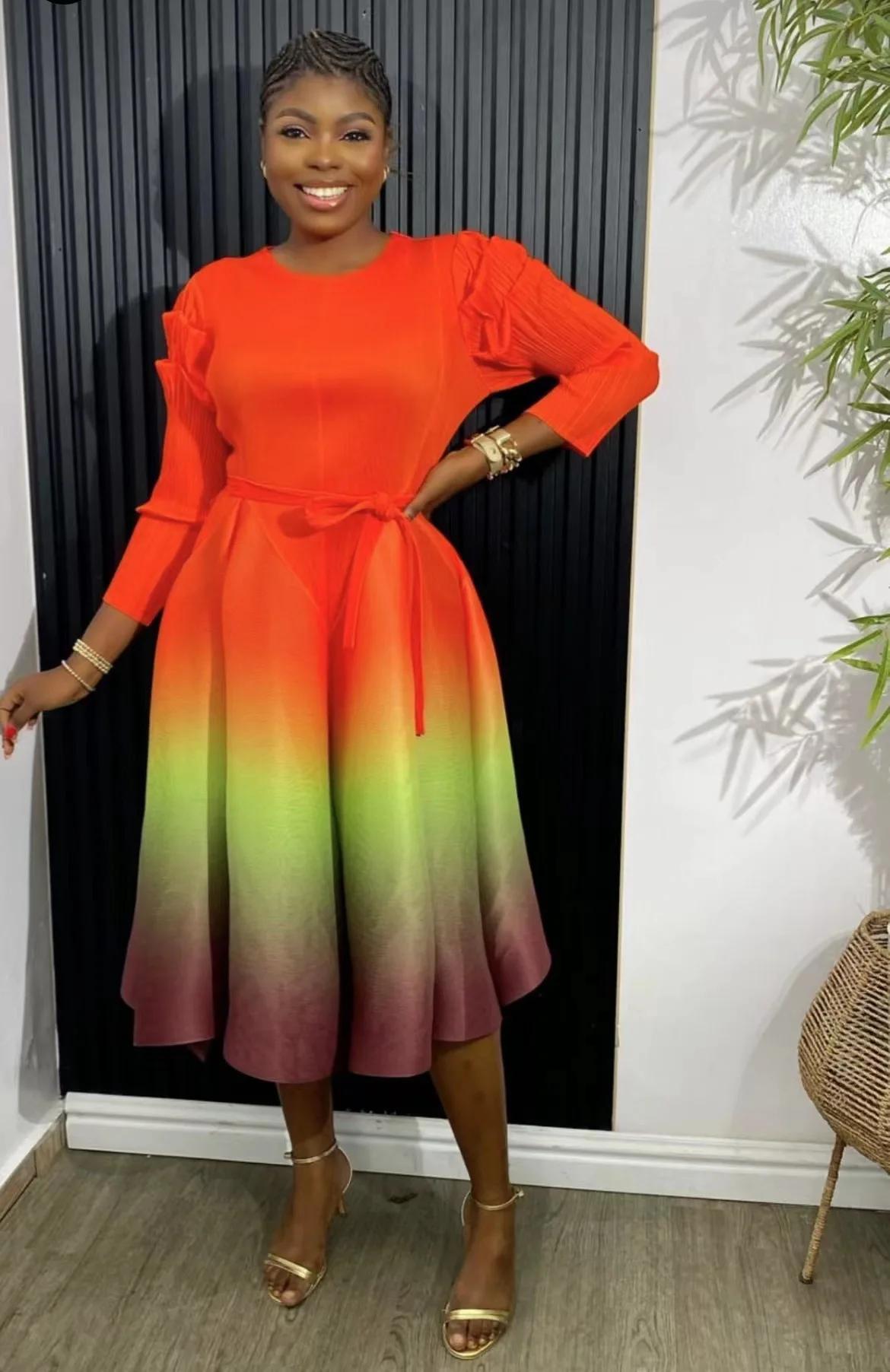2024 Miyake Dress New Three House Pleated Loose Round Neck Long Sleeved Tapered Hem Fluffy Vestid  Women De Fiesta Pedreriaos