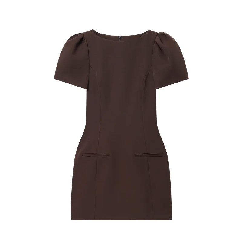ETJ 2025 women's new products are elegant and stylish Short dress with a boat neck and short sleeves with pleats black dress