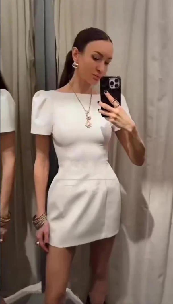 ETJ 2025 women's new products are elegant and stylish Short dress with a boat neck and short sleeves with pleats black dress