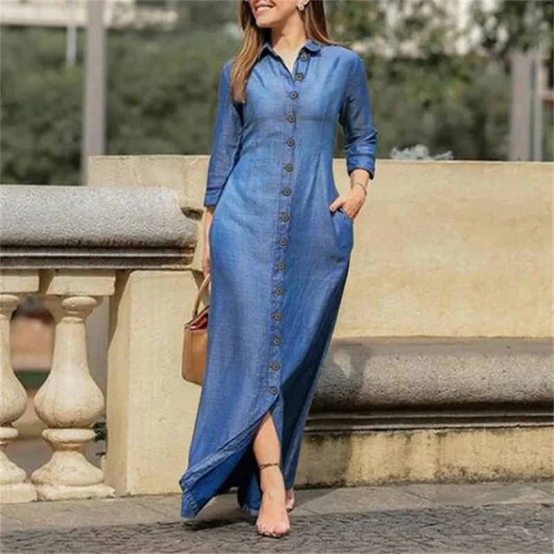 Women Long Denim Blouse Dress Summer Female Turn Down Collar Long Sleeve Button Loose Maxi Beachwear Dresses JYFS-5542