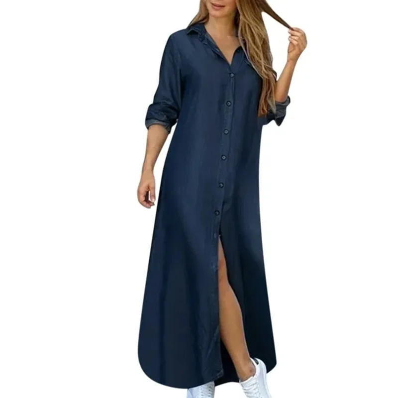 Women Long Denim Blouse Dress Summer Female Turn Down Collar Long Sleeve Button Loose Maxi Beachwear Dresses JYFS-5542
