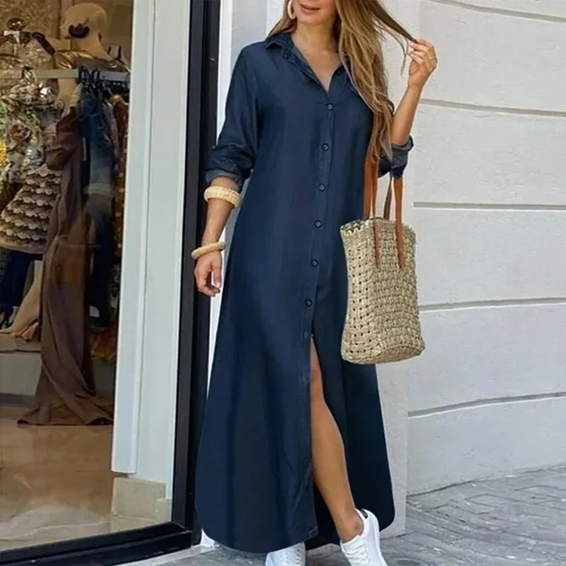 Women Long Denim Blouse Dress Summer Female Turn Down Collar Long Sleeve Button Loose Maxi Beachwear Dresses JYFS-5542