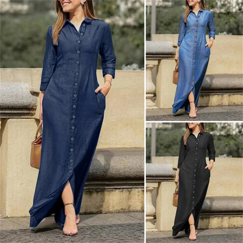 Women Long Denim Blouse Dress Summer Female Turn Down Collar Long Sleeve Button Loose Maxi Beachwear Dresses JYFS-5542