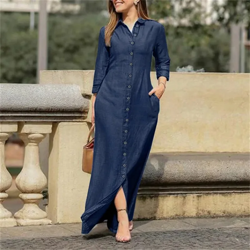 Women Long Denim Blouse Dress Summer Female Turn Down Collar Long Sleeve Button Loose Maxi Beachwear Dresses JYFS-5542