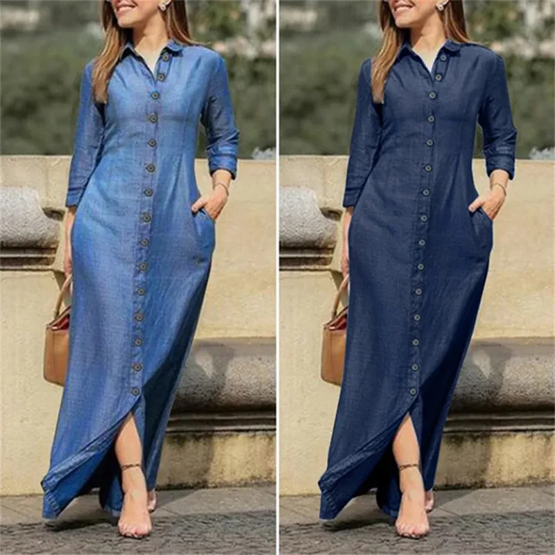Women Long Denim Blouse Dress Summer Female Turn Down Collar Long Sleeve Button Loose Maxi Beachwear Dresses JYFS-5542