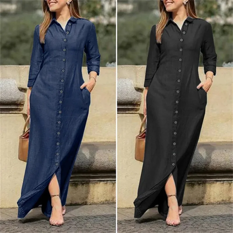Women Long Denim Blouse Dress Summer Female Turn Down Collar Long Sleeve Button Loose Maxi Beachwear Dresses JYFS-5542