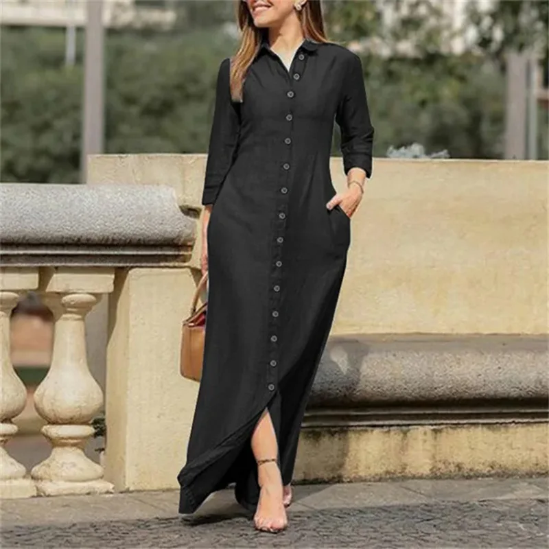 Women Long Denim Blouse Dress Summer Female Turn Down Collar Long Sleeve Button Loose Maxi Beachwear Dresses JYFS-5542