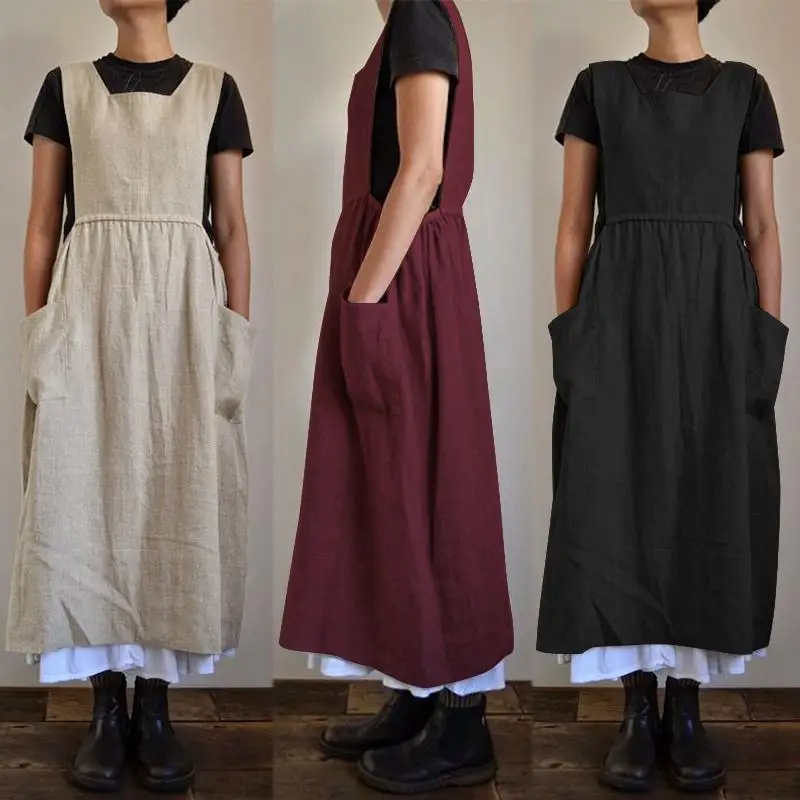 3 Color Oversized S-5XL Loose Cotton Linen Apron Midi Dress For Women Casual Pocket Homewear Solid Color Kitchen Uniform