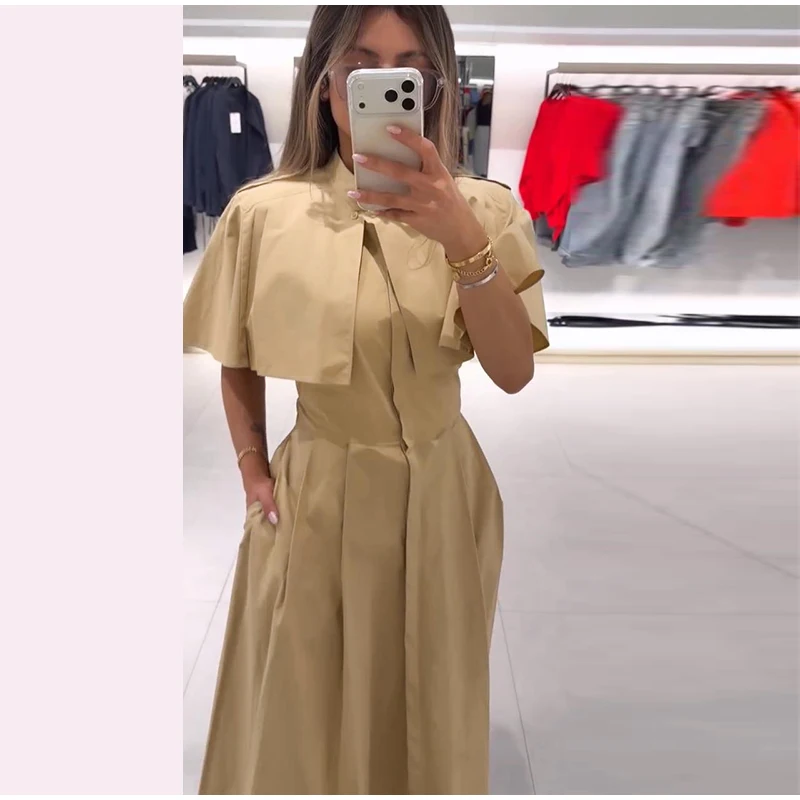 Women's Trench Style Midi Dress Stand Collar Cape Overlay Short Sleeve Belted Waist A‑Line Dresses Autumn Elegant Office Outfits