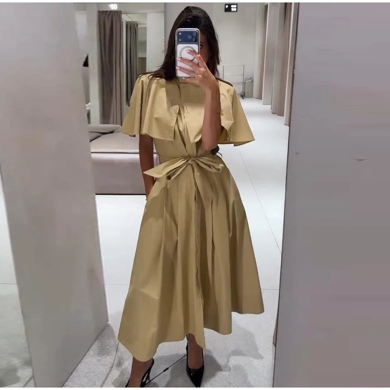 Women's Trench Style Midi Dress Stand Collar Cape Overlay Short Sleeve Belted Waist A‑Line Dresses Autumn Elegant Office Outfits