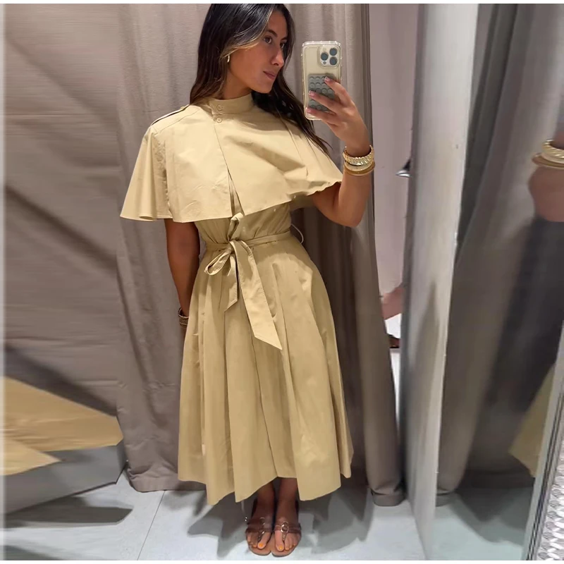 Women's Trench Style Midi Dress Stand Collar Cape Overlay Short Sleeve Belted Waist A‑Line Dresses Autumn Elegant Office Outfits