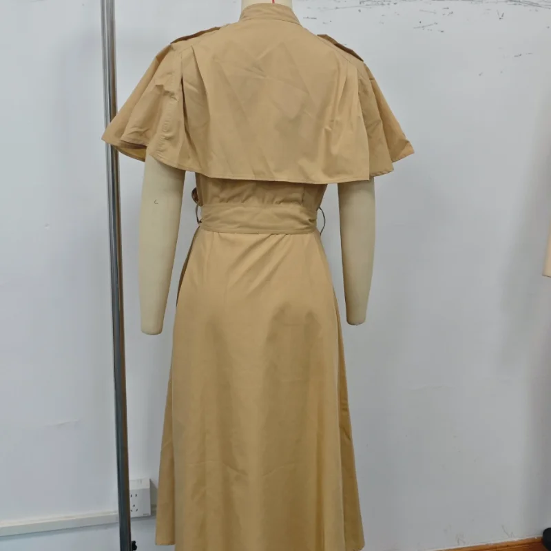Women's Trench Style Midi Dress Stand Collar Cape Overlay Short Sleeve Belted Waist A‑Line Dresses Autumn Elegant Office Outfits