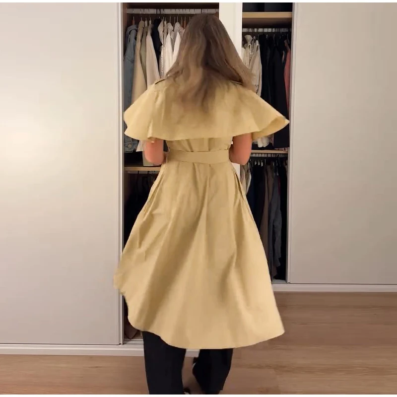 Women's Trench Style Midi Dress Stand Collar Cape Overlay Short Sleeve Belted Waist A‑Line Dresses Autumn Elegant Office Outfits