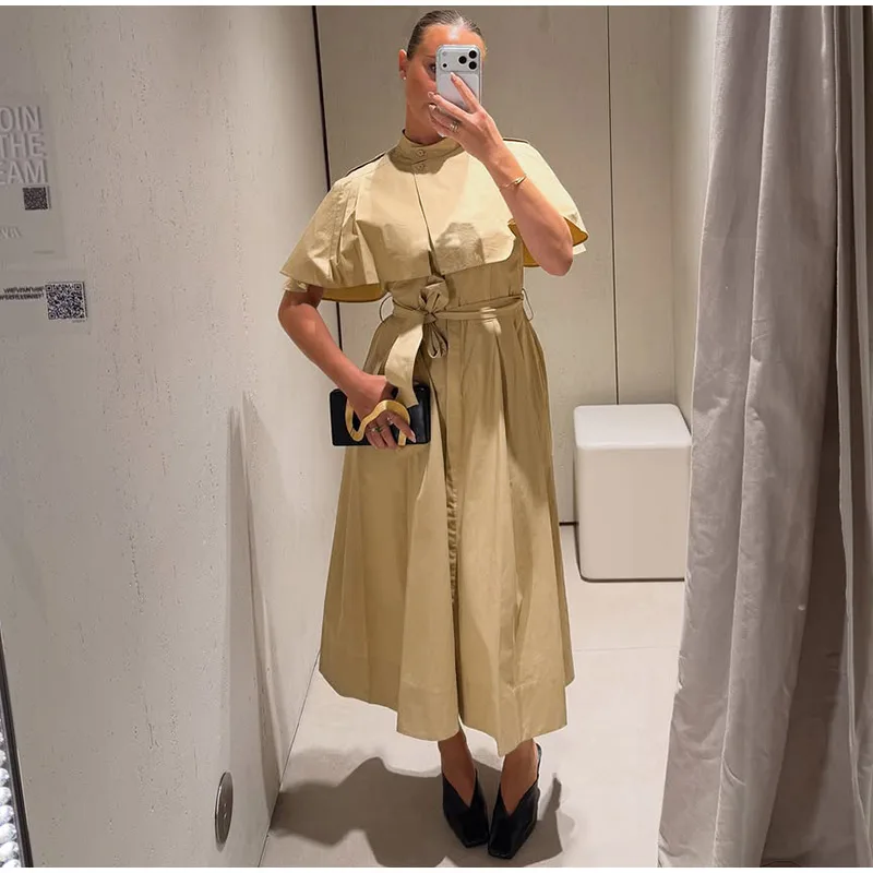 Women's Trench Style Midi Dress Stand Collar Cape Overlay Short Sleeve Belted Waist A‑Line Dresses Autumn Elegant Office Outfits