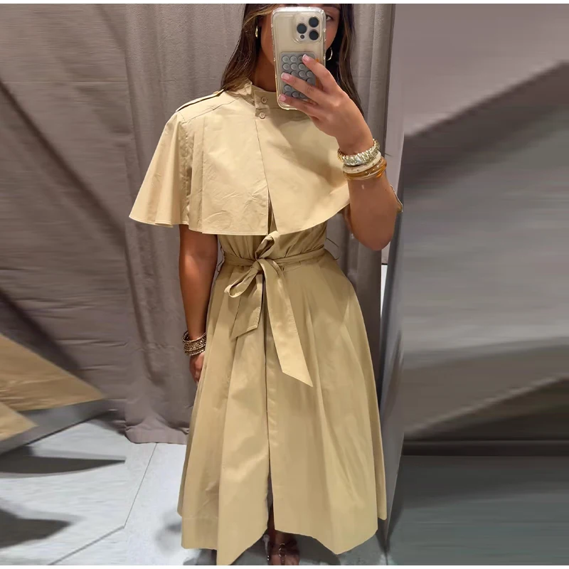 Women's Trench Style Midi Dress Stand Collar Cape Overlay Short Sleeve Belted Waist A‑Line Dresses Autumn Elegant Office Outfits