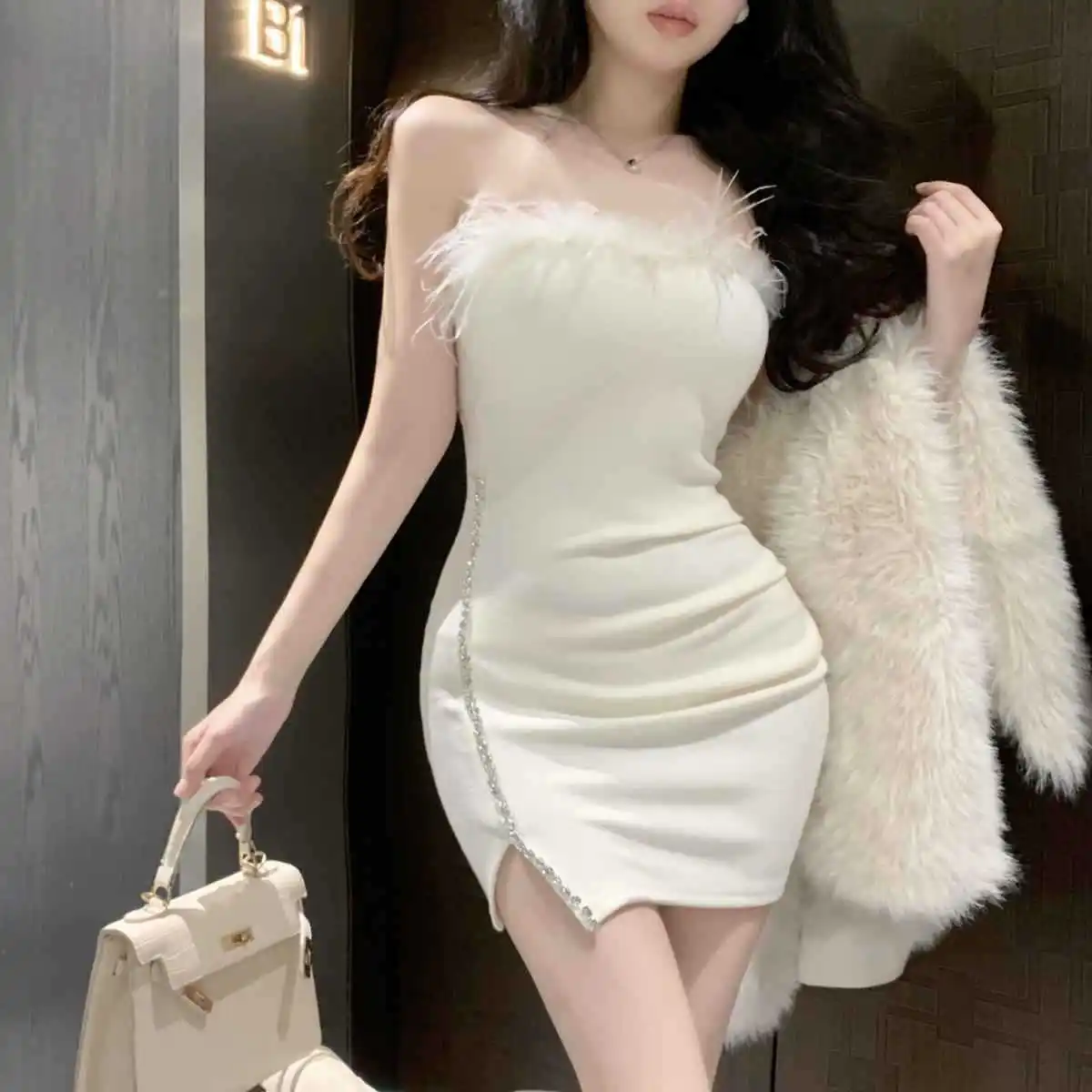 Strapless Dress Women Feather Collar Beaded Slit Birthday Party Wrapped Dresses