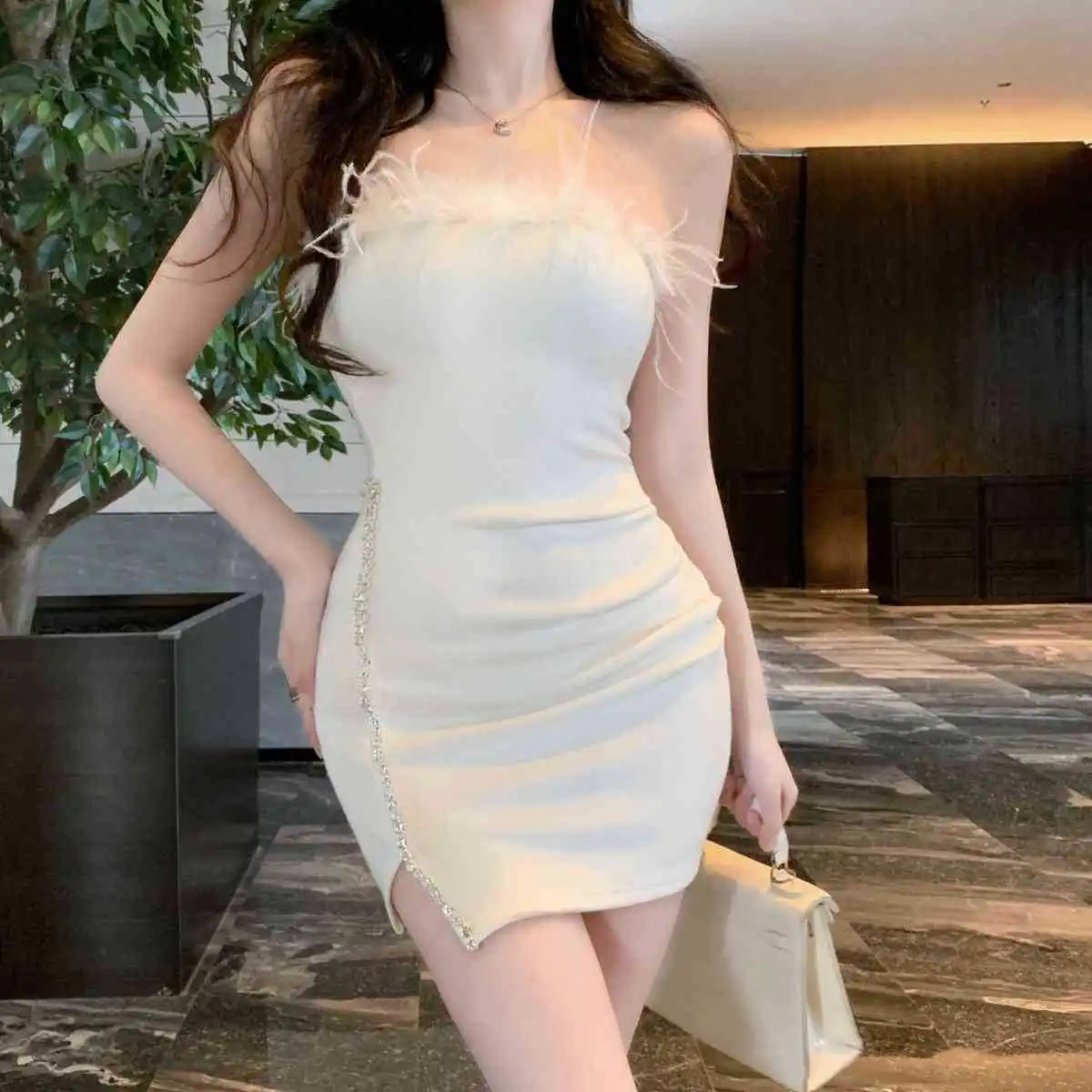 Strapless Dress Women Feather Collar Beaded Slit Birthday Party Wrapped Dresses