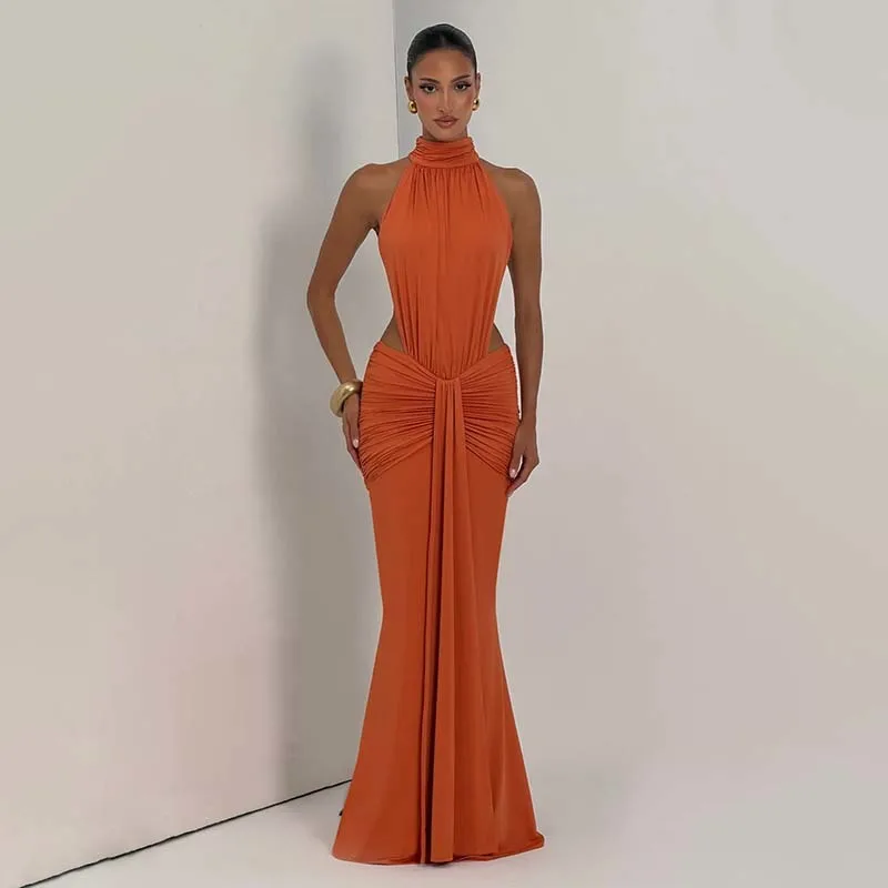Townlike Ribbon Pleated Slim Bodycon Maxi Long Dress Women Halter 2026 Spring Summer Dress Backless Nightclub Sexy Party Dresses