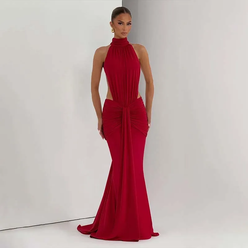 Townlike Ribbon Pleated Slim Bodycon Maxi Long Dress Women Halter 2026 Spring Summer Dress Backless Nightclub Sexy Party Dresses