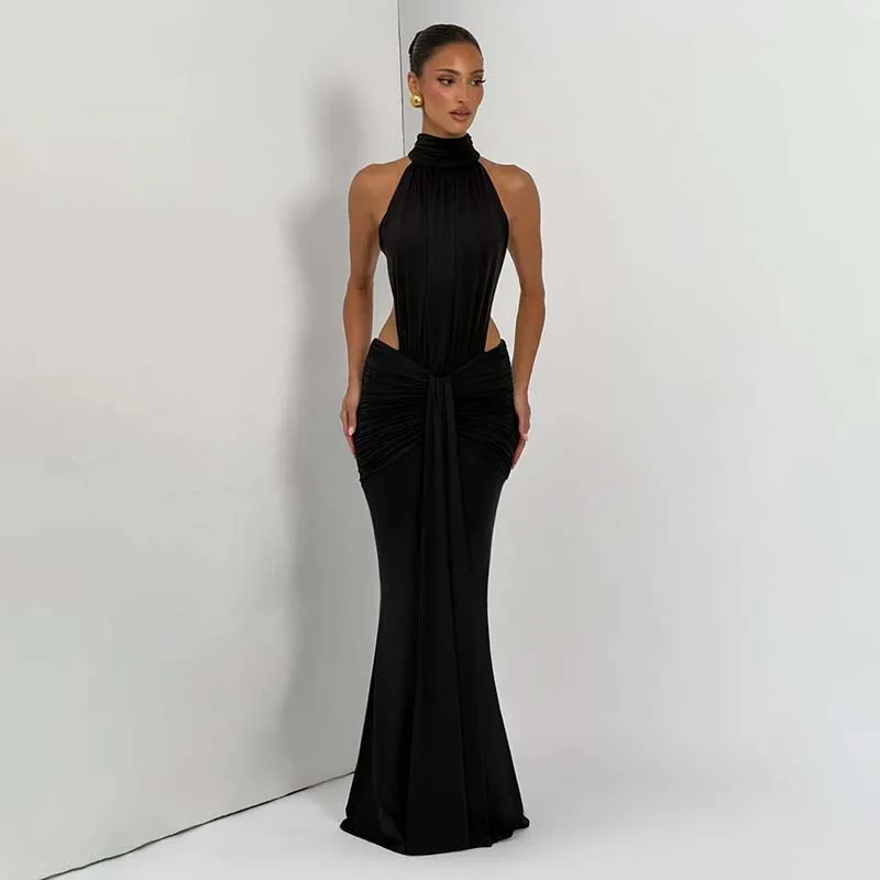 Townlike Ribbon Pleated Slim Bodycon Maxi Long Dress Women Halter 2026 Spring Summer Dress Backless Nightclub Sexy Party Dresses