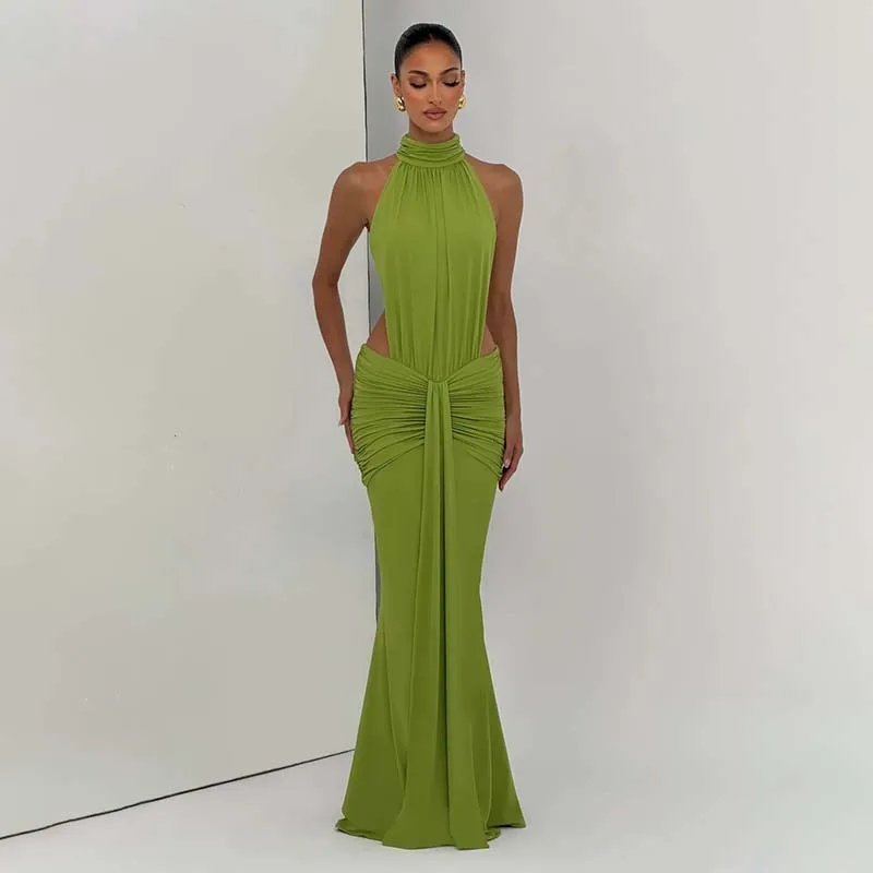 Townlike Ribbon Pleated Slim Bodycon Maxi Long Dress Women Halter 2026 Spring Summer Dress Backless Nightclub Sexy Party Dresses