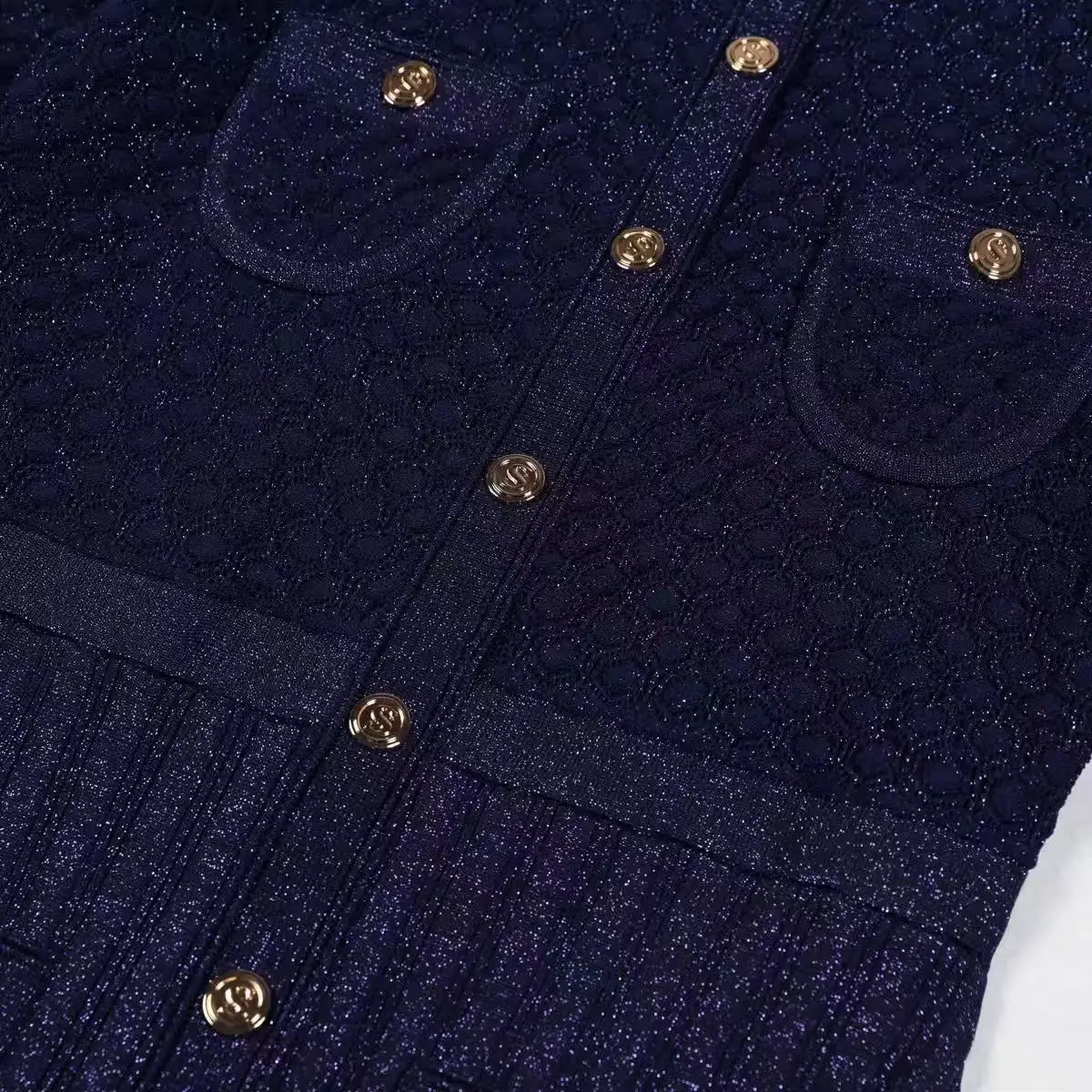 Trendy Women Knitted Midi Dress 3/4 Sleeve Button Front Pleated Slim Fit Navy Blue Elegant Casual Dress 2025
