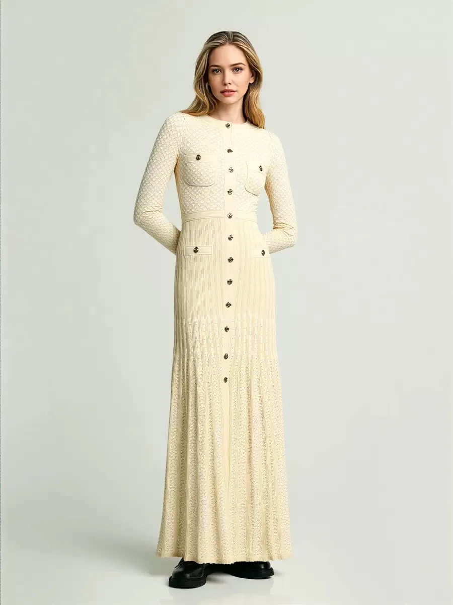 Trendy Women Knitted Midi Dress 3/4 Sleeve Button Front Pleated Slim Fit Navy Blue Elegant Casual Dress 2025