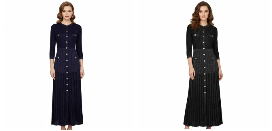 Trendy Women Knitted Midi Dress 3/4 Sleeve Button Front Pleated Slim Fit Navy Blue Elegant Casual Dress 2025