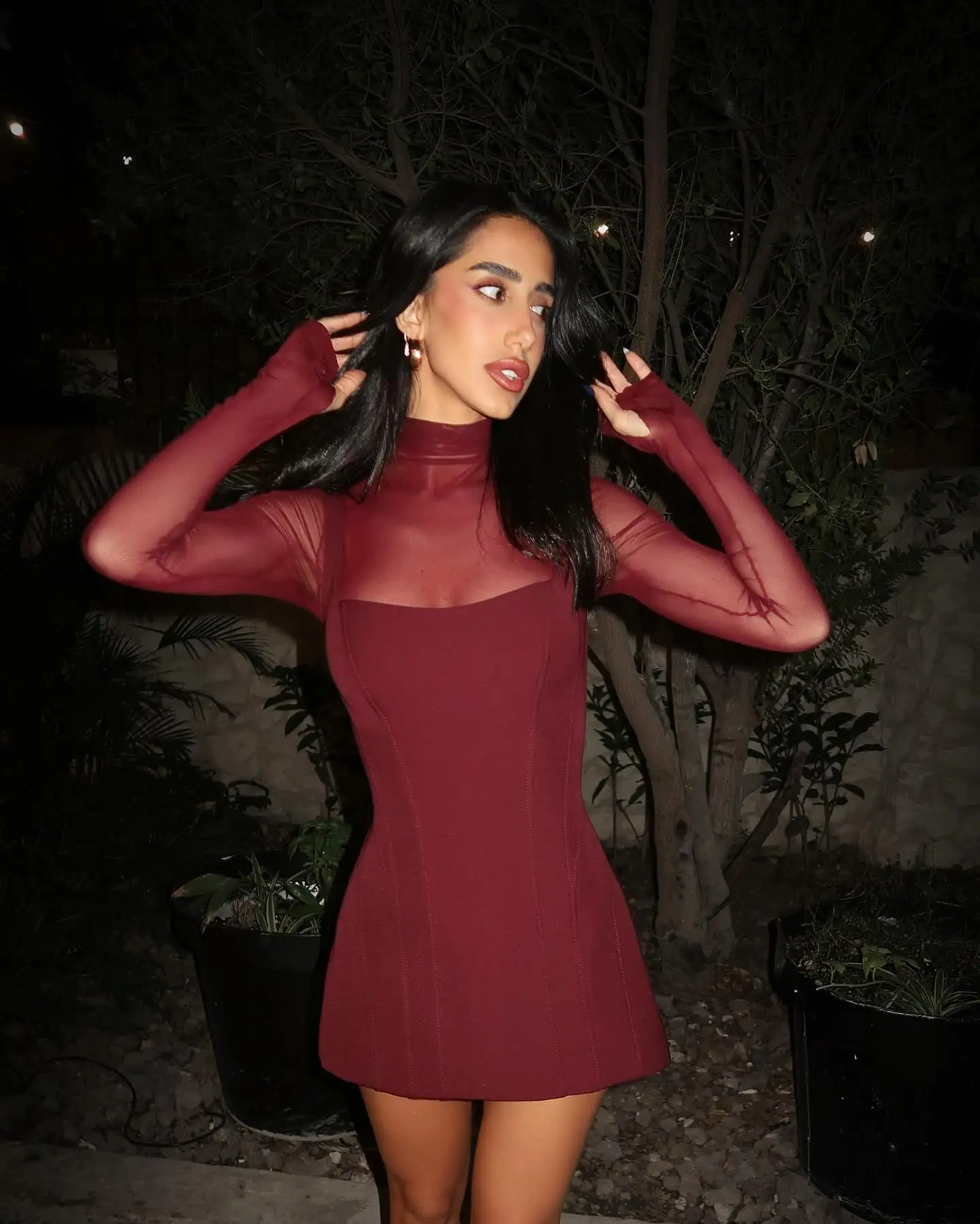 Sexy Women's Burgundy Mini Dress Luxury Turtleneck Transparent Long Sleeve A-line Short Dresses Evening Party Prom Cocktai New