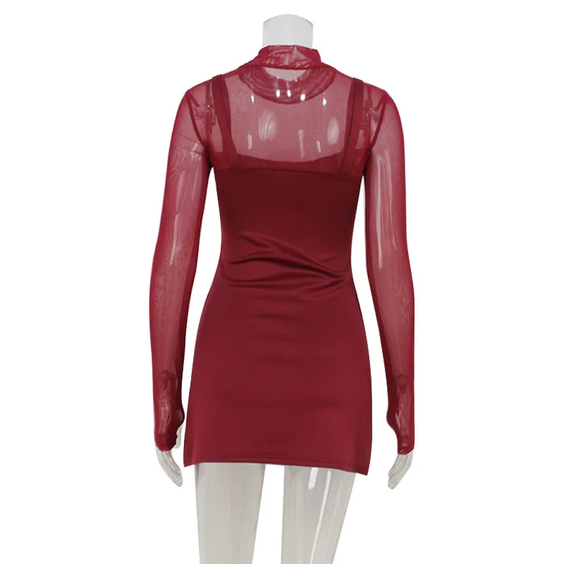 Sexy Women's Burgundy Mini Dress Luxury Turtleneck Transparent Long Sleeve A-line Short Dresses Evening Party Prom Cocktai New