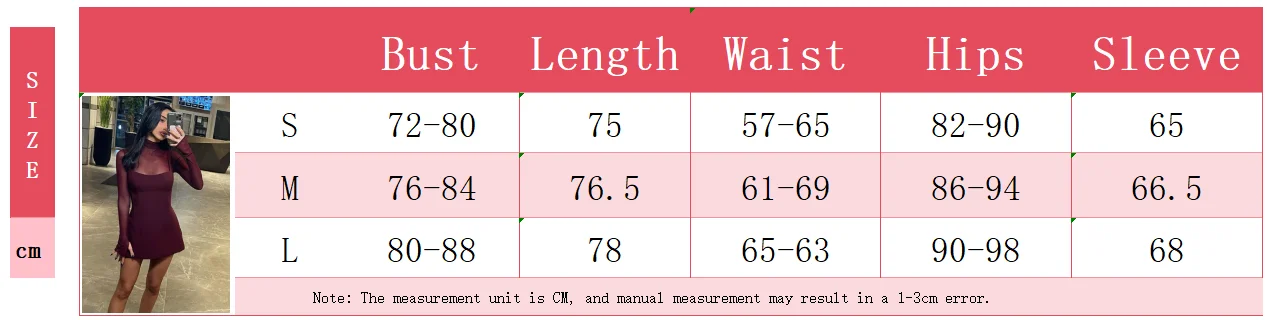Sexy Women's Burgundy Mini Dress Luxury Turtleneck Transparent Long Sleeve A-line Short Dresses Evening Party Prom Cocktai New