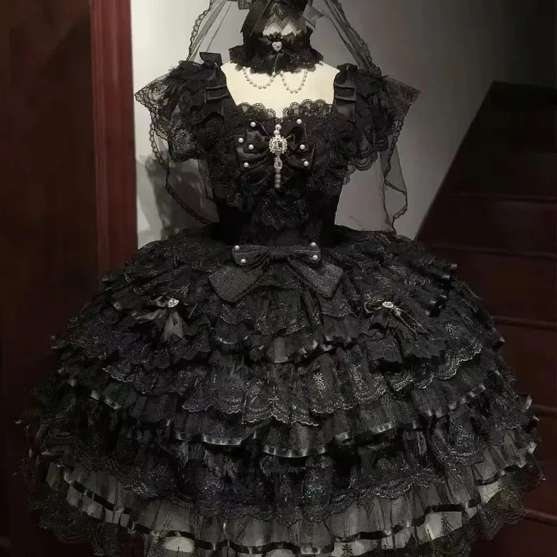 Summer Y2K Bandage Cake Dress Women Japanese Kawaii Lolita Strap Lace Bow Dress Retro Harajuku Fashion Clothing