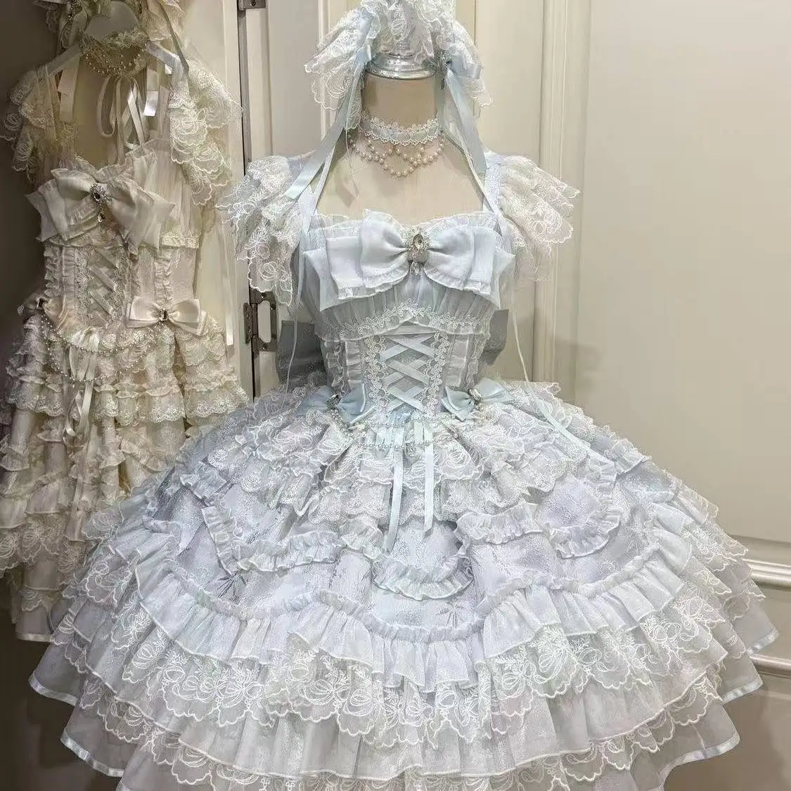 Summer Y2K Bandage Cake Dress Women Japanese Kawaii Lolita Strap Lace Bow Dress Retro Harajuku Fashion Clothing