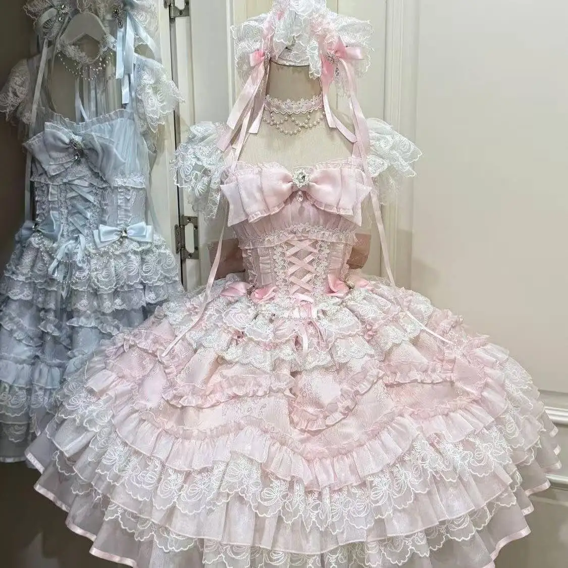 Summer Y2K Bandage Cake Dress Women Japanese Kawaii Lolita Strap Lace Bow Dress Retro Harajuku Fashion Clothing