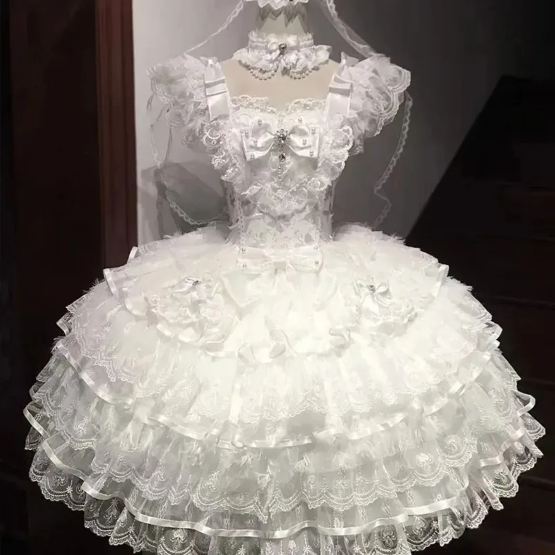 Summer Y2K Bandage Cake Dress Women Japanese Kawaii Lolita Strap Lace Bow Dress Retro Harajuku Fashion Clothing