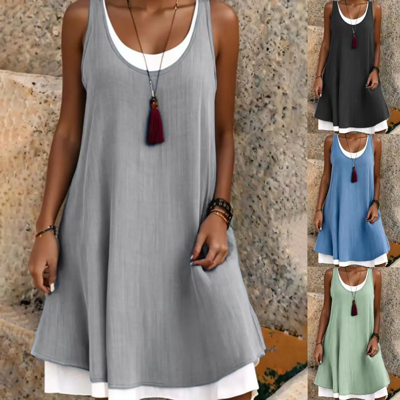 Casual Women Green Dress Summer Fashion Sleeveless Loose Fake Two Piece Elegant Dresses Female New Office Holiday Beach Dress