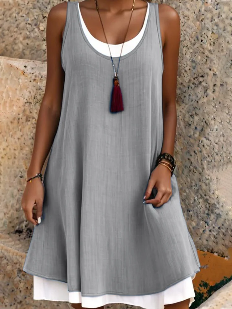Casual Women Green Dress Summer Fashion Sleeveless Loose Fake Two Piece Elegant Dresses Female New Office Holiday Beach Dress