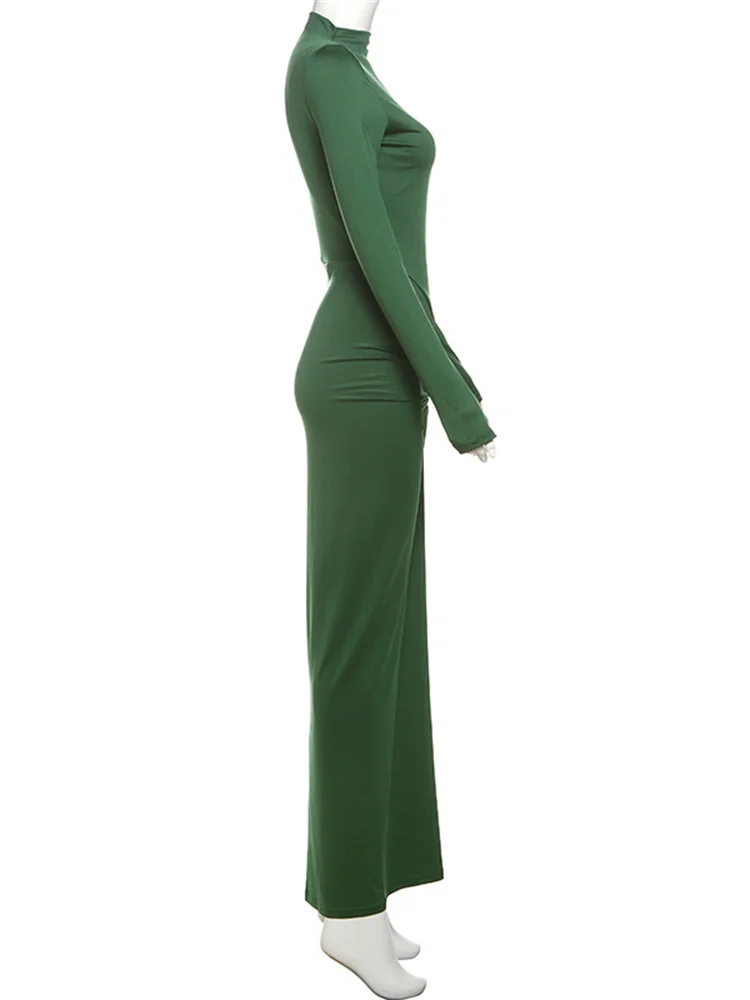 kliou Shirring Women Classic Maxi Dress Autumn New Solid Long Sleeve High Collar Body-shaping Vestidos Mujer Concise Trend Robe