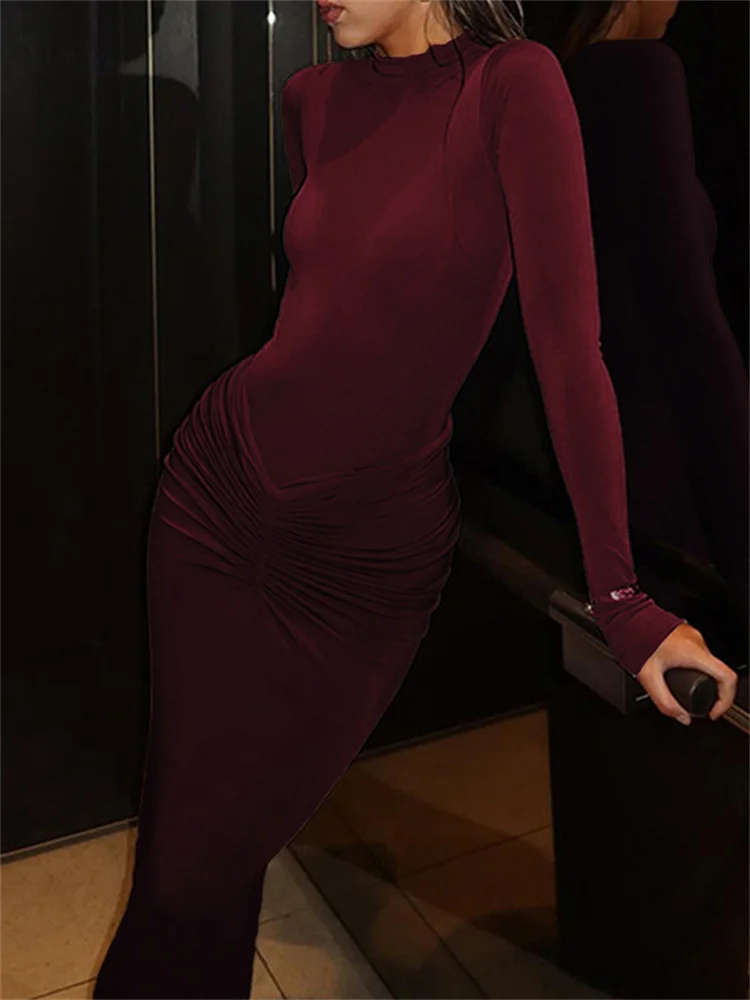 kliou Shirring Women Classic Maxi Dress Autumn New Solid Long Sleeve High Collar Body-shaping Vestidos Mujer Concise Trend Robe