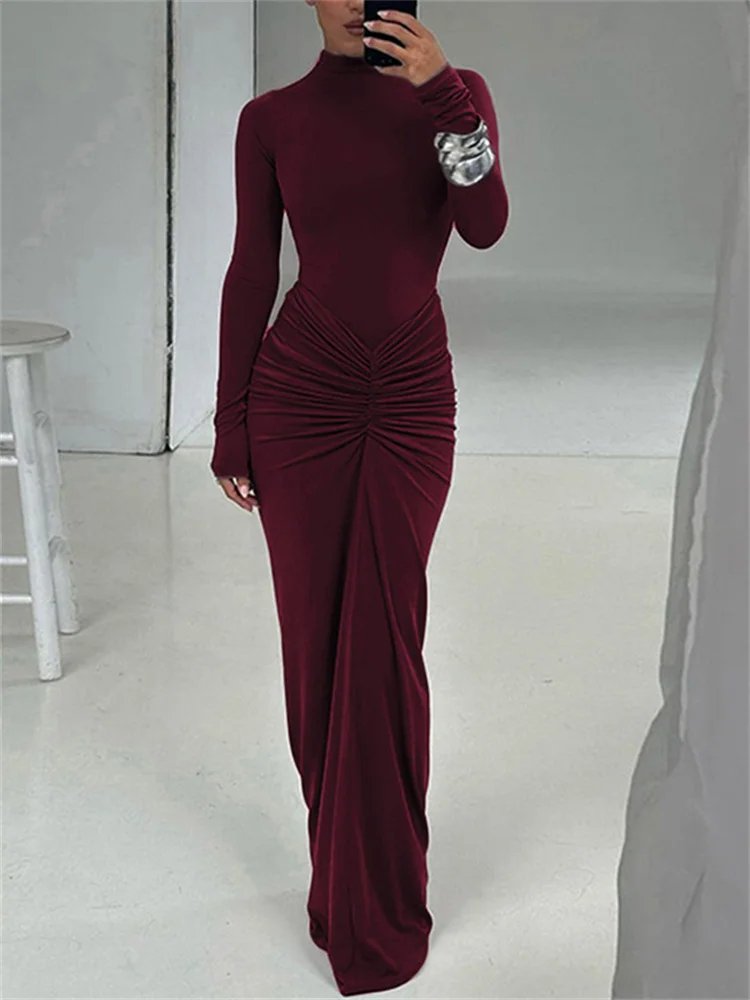 kliou Shirring Women Classic Maxi Dress Autumn New Solid Long Sleeve High Collar Body-shaping Vestidos Mujer Concise Trend Robe