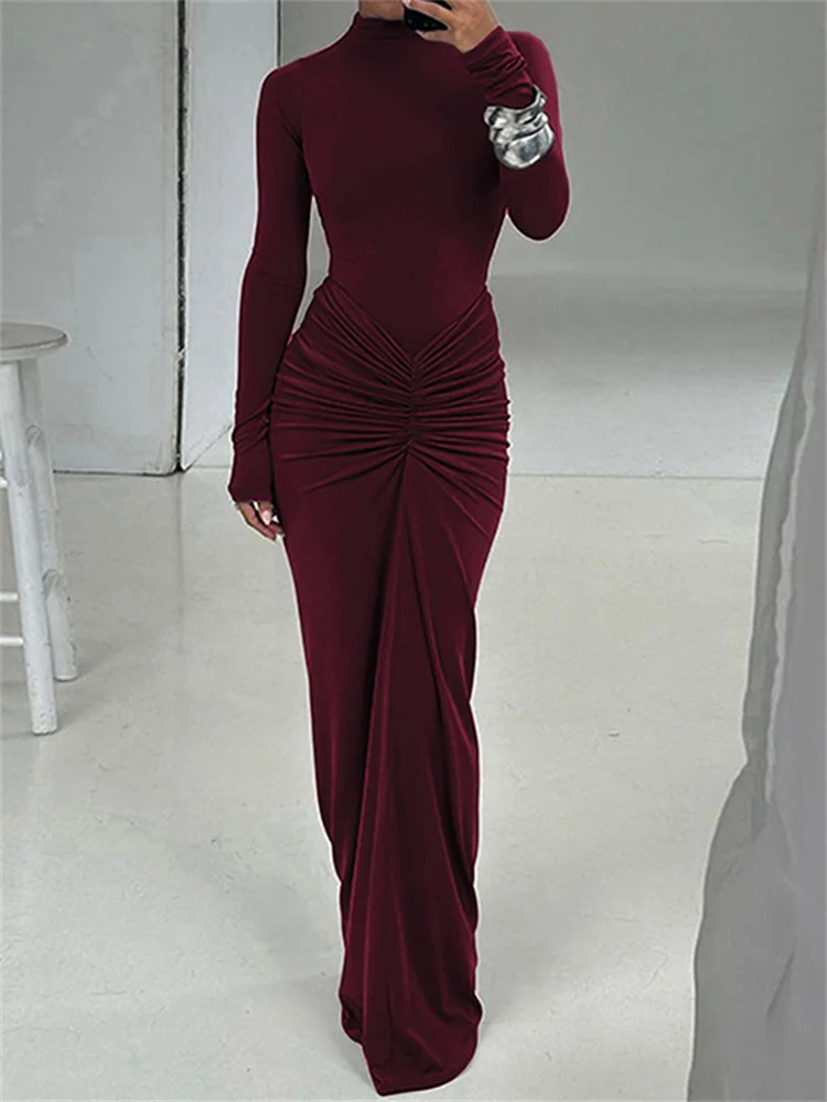 kliou Shirring Women Classic Maxi Dress Autumn New Solid Long Sleeve High Collar Body-shaping Vestidos Mujer Concise Trend Robe