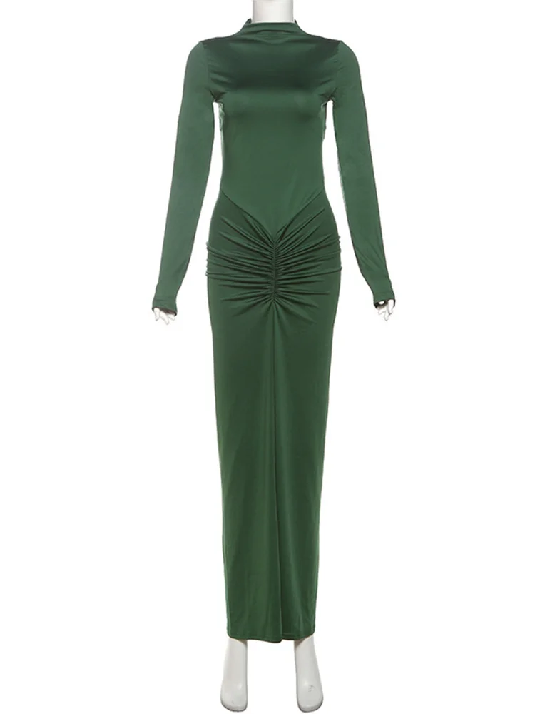 kliou Shirring Women Classic Maxi Dress Autumn New Solid Long Sleeve High Collar Body-shaping Vestidos Mujer Concise Trend Robe