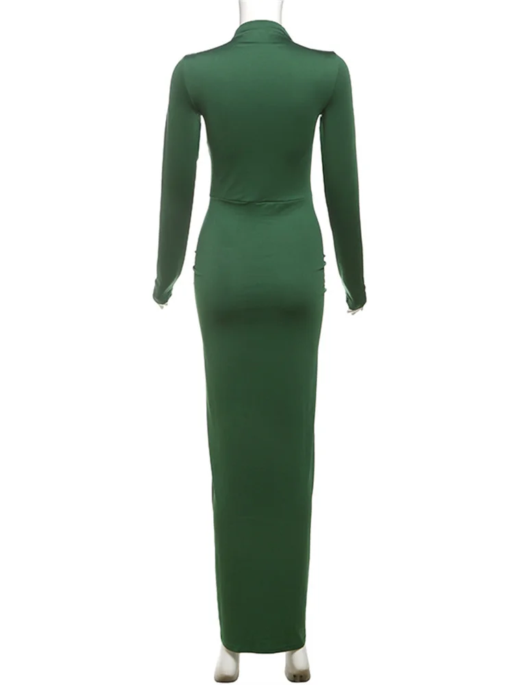 kliou Shirring Women Classic Maxi Dress Autumn New Solid Long Sleeve High Collar Body-shaping Vestidos Mujer Concise Trend Robe