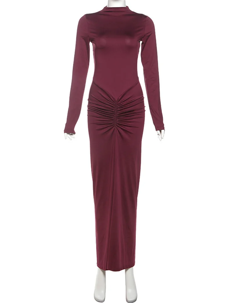 kliou Shirring Women Classic Maxi Dress Autumn New Solid Long Sleeve High Collar Body-shaping Vestidos Mujer Concise Trend Robe